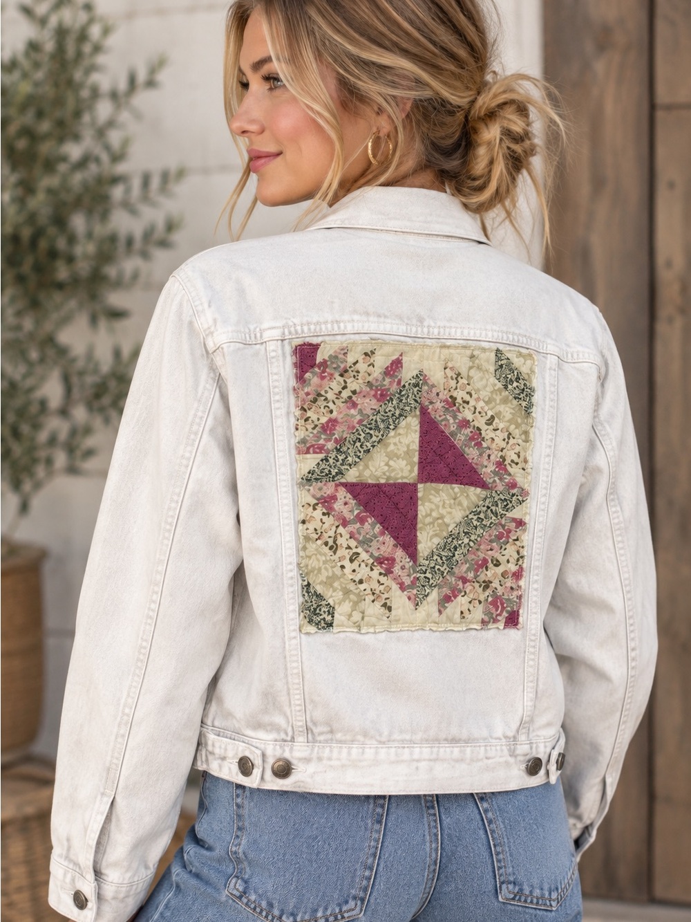 Upcycled Denim Jacket with quilt square size small
